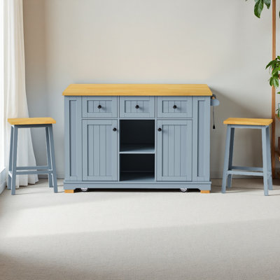 Grand îlot de cuisine avec 2 tabourets de bar, prise de courant, support de rangement interne pour porte, chariot de rangement pour cuisine sur 5 roulettes avec abattant