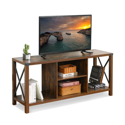 Meuble télé industriel en bois avec tablettes de rangement, centre de divertissement rustique de 55 pouces avec compartiments ouverts, console média pour le salon