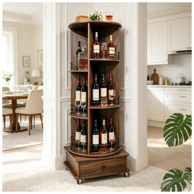 53" Rotating Corner Wine Tower Cabinet with Glass Holders and Lockable Wheels, Retro Brown MDF Bar Storage Unit