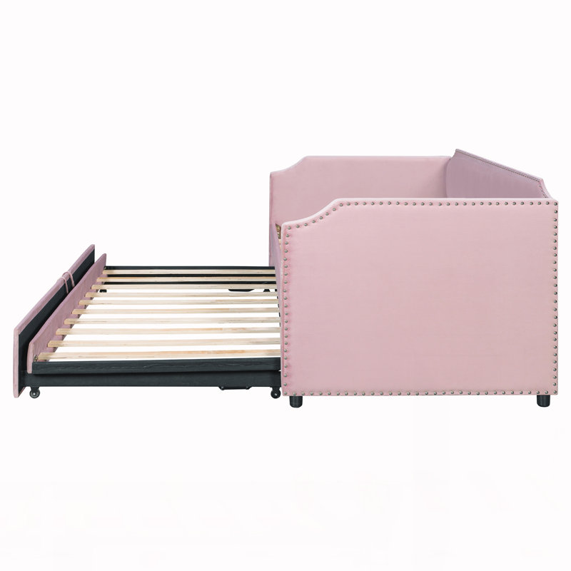 Twin Size Upholstered Daybed with Pop Up Trundle, Pink