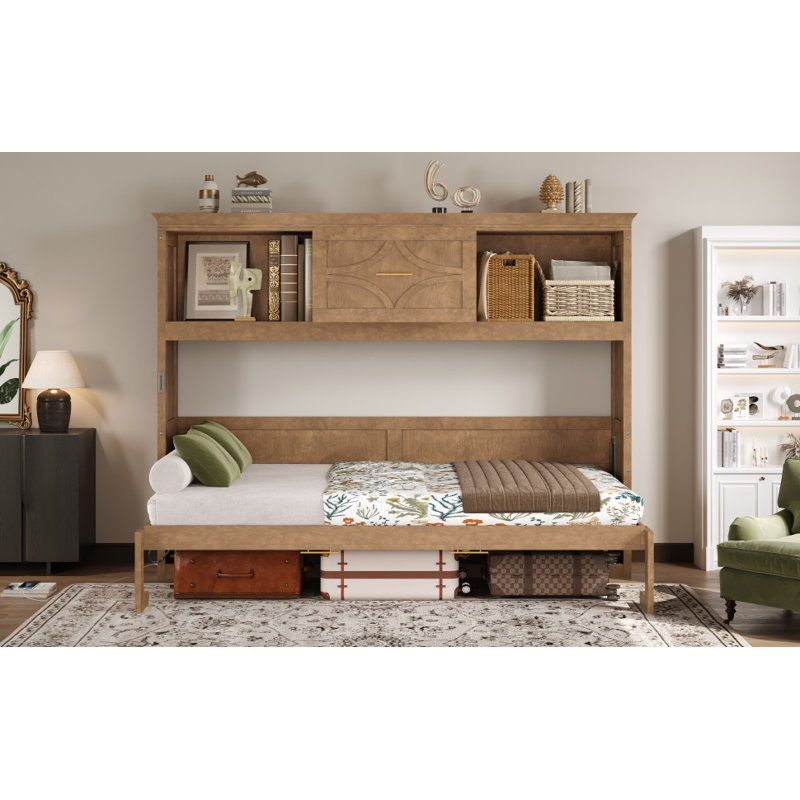 Burkhalter Twin Size Rustic Murphy Bed With Charging Station And Storage for Guest bedroom, Small bedroom, Wood