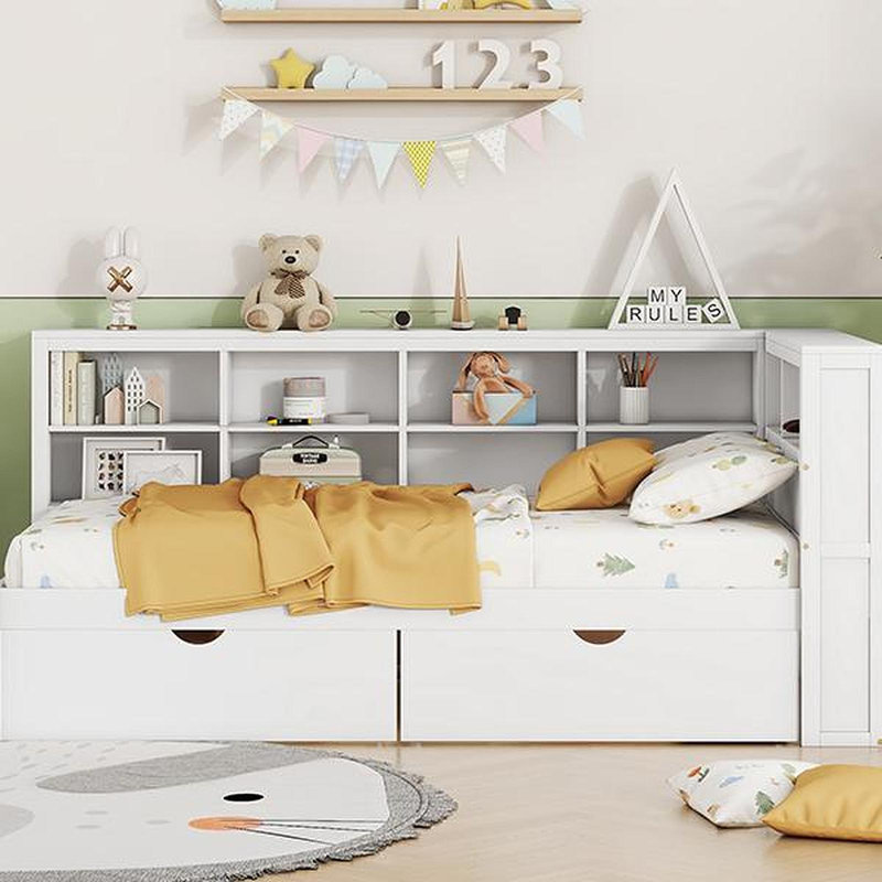 Wooden Twin Size Daybed With 2 Drawers, Daybed With Storage Shelf And USB Charging Ports,White(OLD SKU: N733S170510K), White