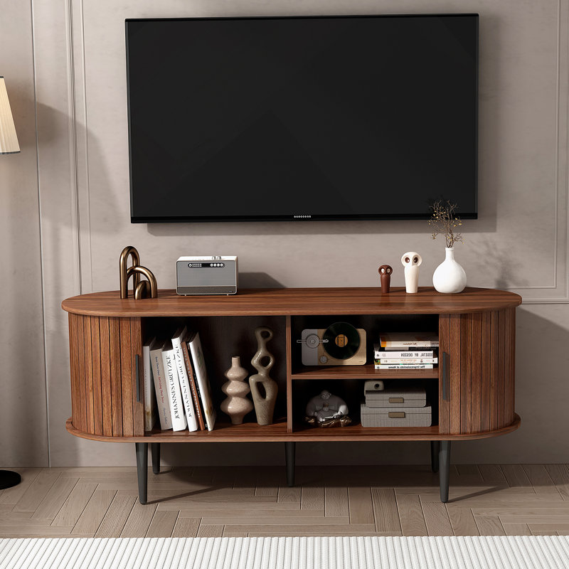 Console de télévision moderne avec compartiment de rangement et porte coulissante, centre de divertissement idéal pour le salon, la chambre à coucher et le bureau