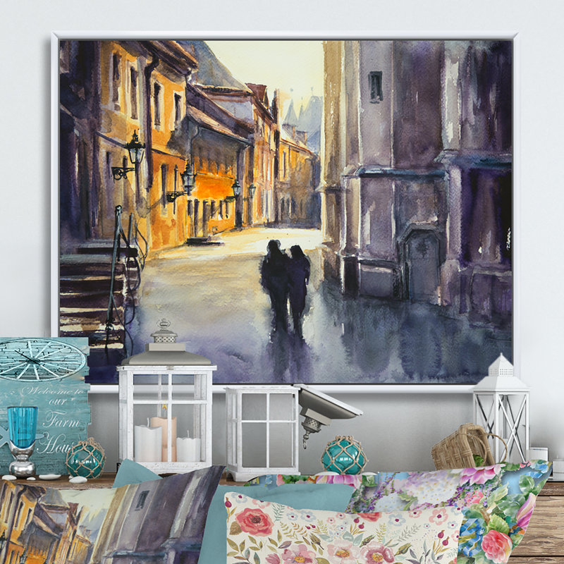 Couple qui marche dans la ville - Cadre photo, impression sur toile, H 8 po x l 12 po x P 1,5 po, Cadre flottant blanc