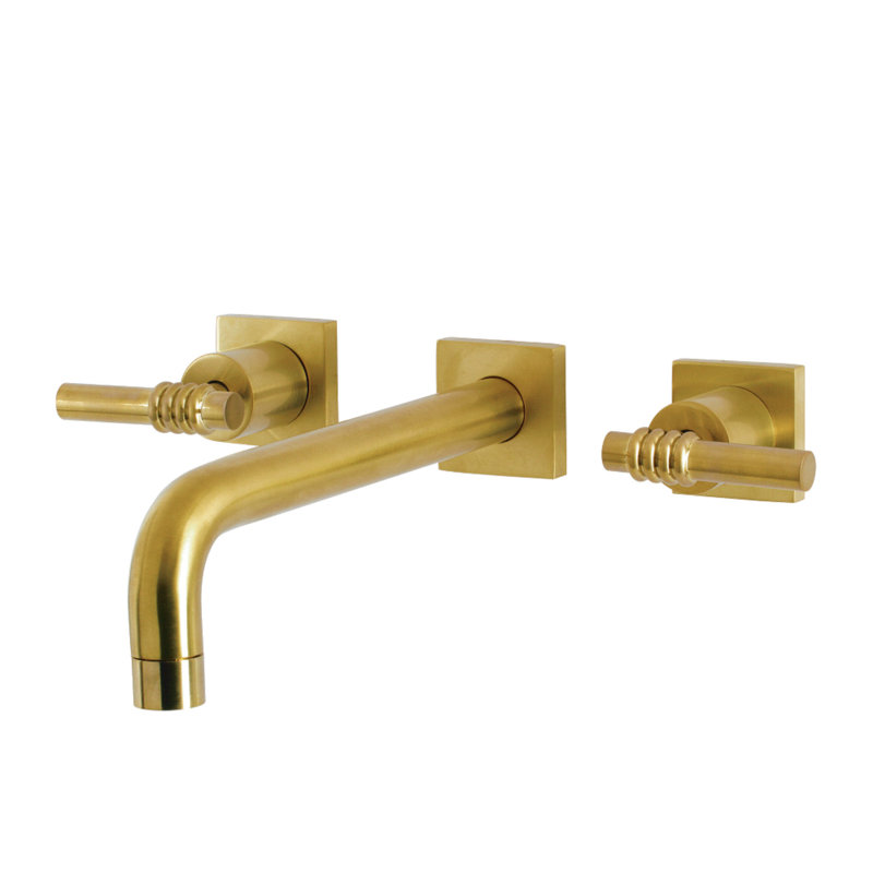 Kingston Brass Manhattan Two-Handle 3-Hole Wall Mount Roman Tub Faucet, Brushed Brass, Lever Curly