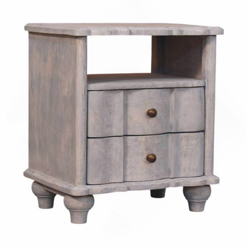 Table de chevet en bois massif, gris, 2 tiroirs, 1 tablette