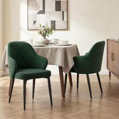 Modern Upholstered Dining Chairs with Arms, Curved Back Linen-Look Fabric Armchairs with Metal Legs for Dining Room