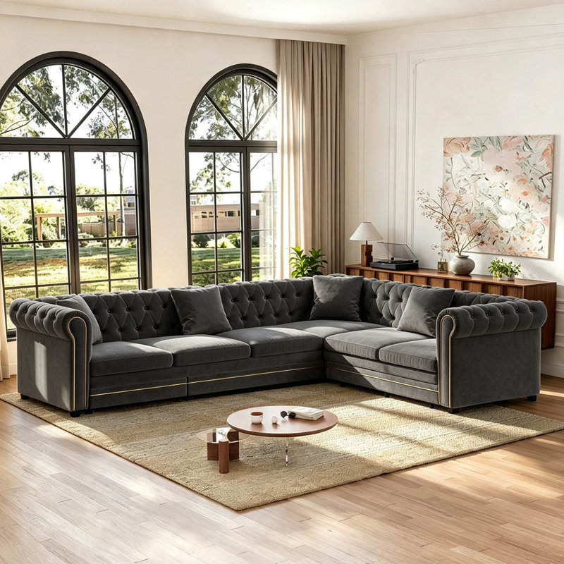 Canapé d'angle en velours de luxe avec lit escamotable, canapé-lit convertible 3 en 1 avec boutons capitonnés, Grey