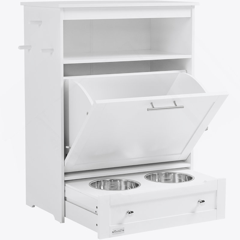 Station fonctionnelle pour animaux avec rangement, idéale pour garder les fournitures pour animaux organisées et fournir des solutions d'alimentation pratiques.