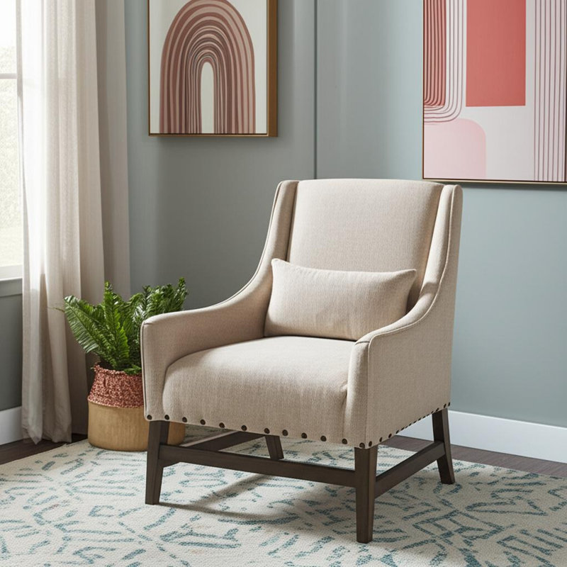 Chaise avec accoudoirs 30 po en lin et bois brun et crème