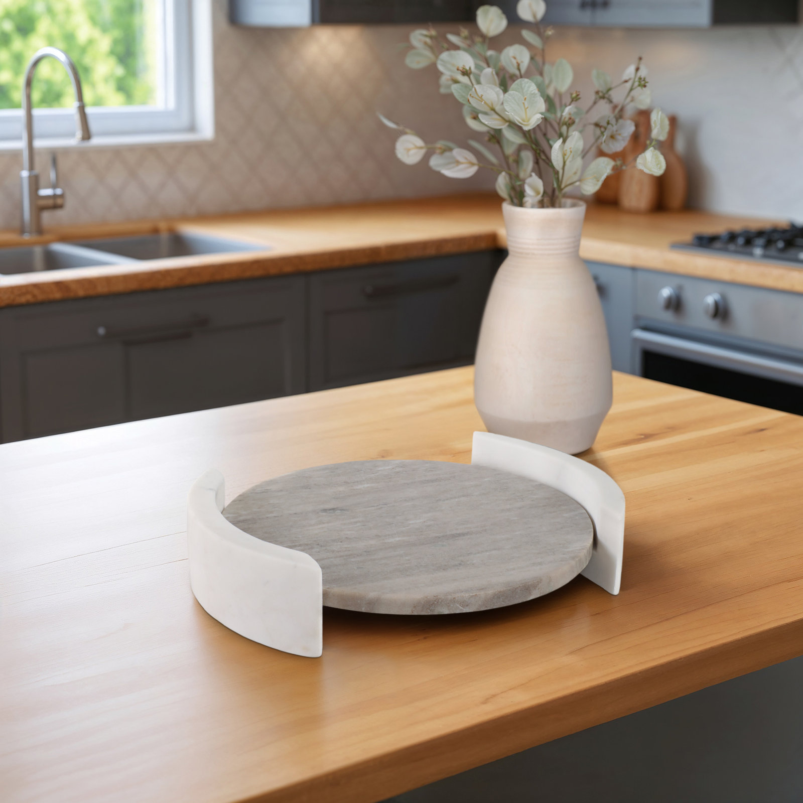 Adrie 14" Harding Marble Tray, Beige