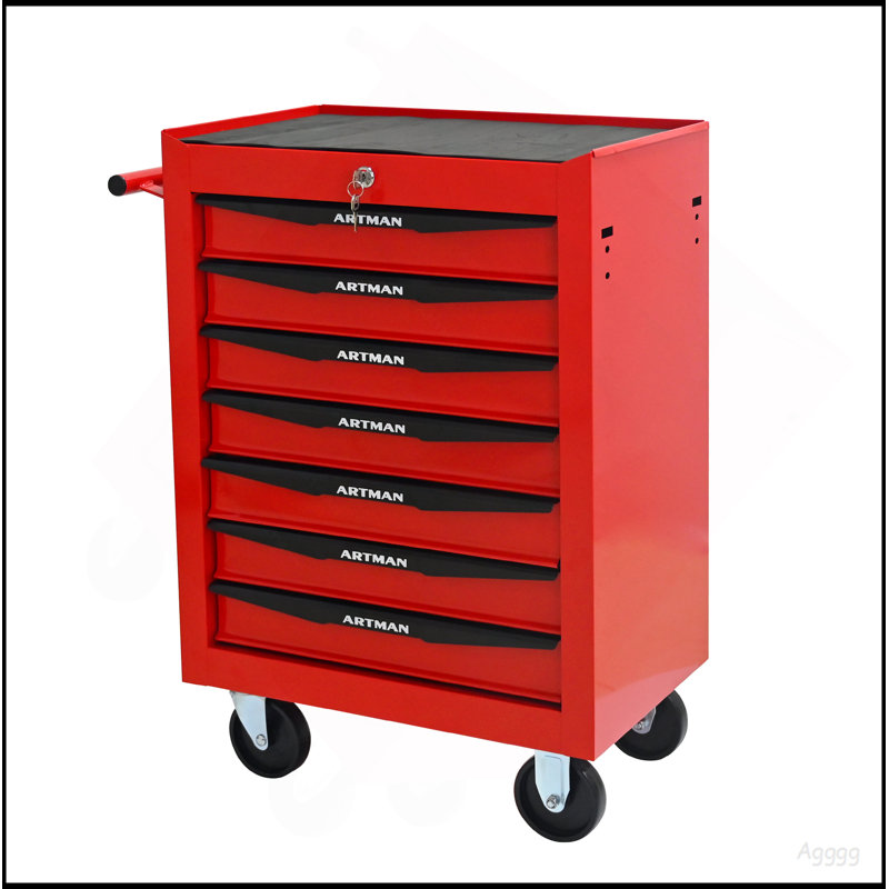 Coffre à outils roulant en métal avec 7 tiroirs, armoire à outils à 7 tiroirs de 20 po avec glissières à roulement à billes, coffre à outils en acier - rouge et noir