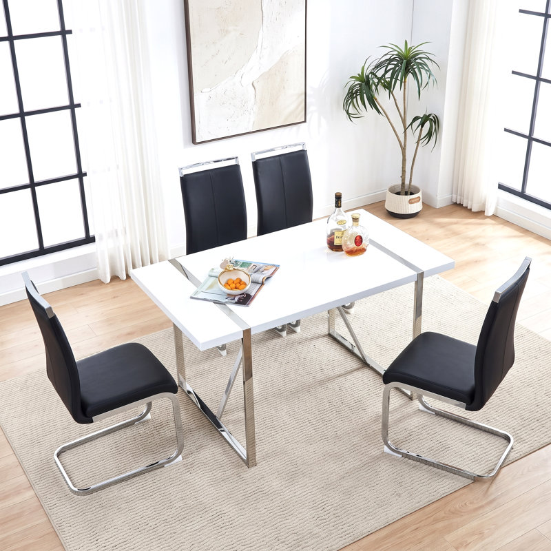 5-Piece Modern Glam Rectangular Dining Set with Faux Leather Chairs, Black, 5