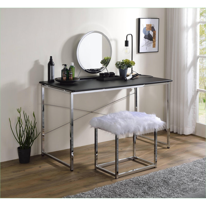 Bureau, bureau d'écriture rectangulaire moderne avec structure en métal chromé en forme de X | Noir et noir Finition chromée | Métal Bois synthétique