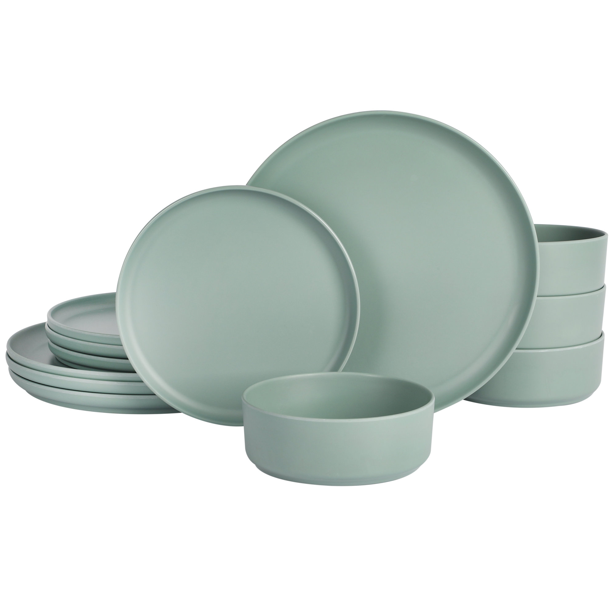 Gibson Home Canyon Crest 12-Piece Stackable Matte Melamine Dinnerware Set, Sage Green