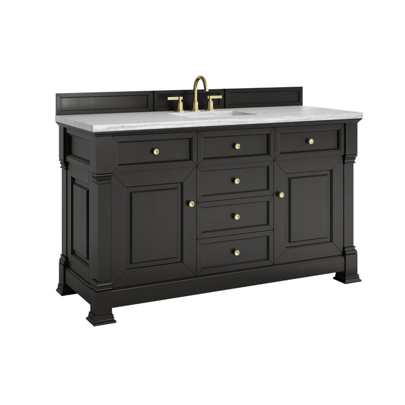Brookfield Single Vanity, Carrara White, Widespread, Black Onyx
