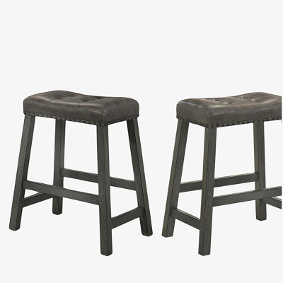Tabouret de bar 25 po en bois avec siège en cuir, tabouret de comptoir sans dossier (gris antique, ensemble de 2)