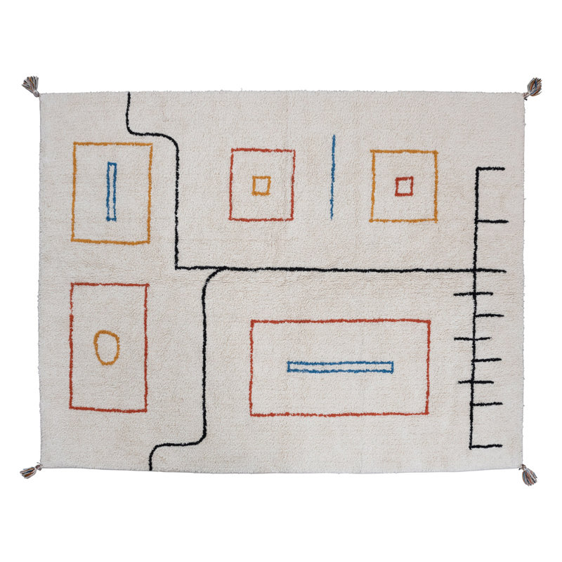 Tapis touffeté en coton délavé à la pierre avec motif abstrait et pampilles