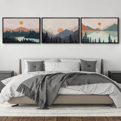 «Woodland Nursery Decor Sunrise Pastel Mountain River Nature Landscape», 3 pièces