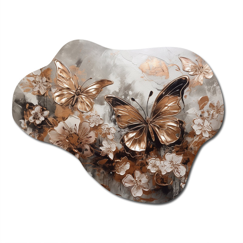 Rose Gold Butterfly Wings And Flowers I - Asymmetrical Floral Metal Wall Art, Cloud Metal Wall Sculpture Print
