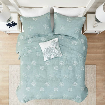 Courtepointe très grand / très grand lit. 4 pièces en coton réversible avec broderie. Remplir. Prélavé. Lavable à la machine. Tranquillité en bord de mer. Étoile de mer et motifs Beachy Vibes. Décoration