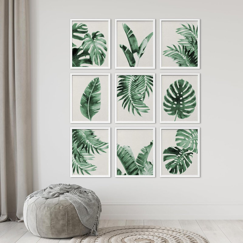 Vert, pastel, plante tropicale, variété, nature, désert, feuilles de Monstera, L 11 po x H 14 po, Cadre blanc