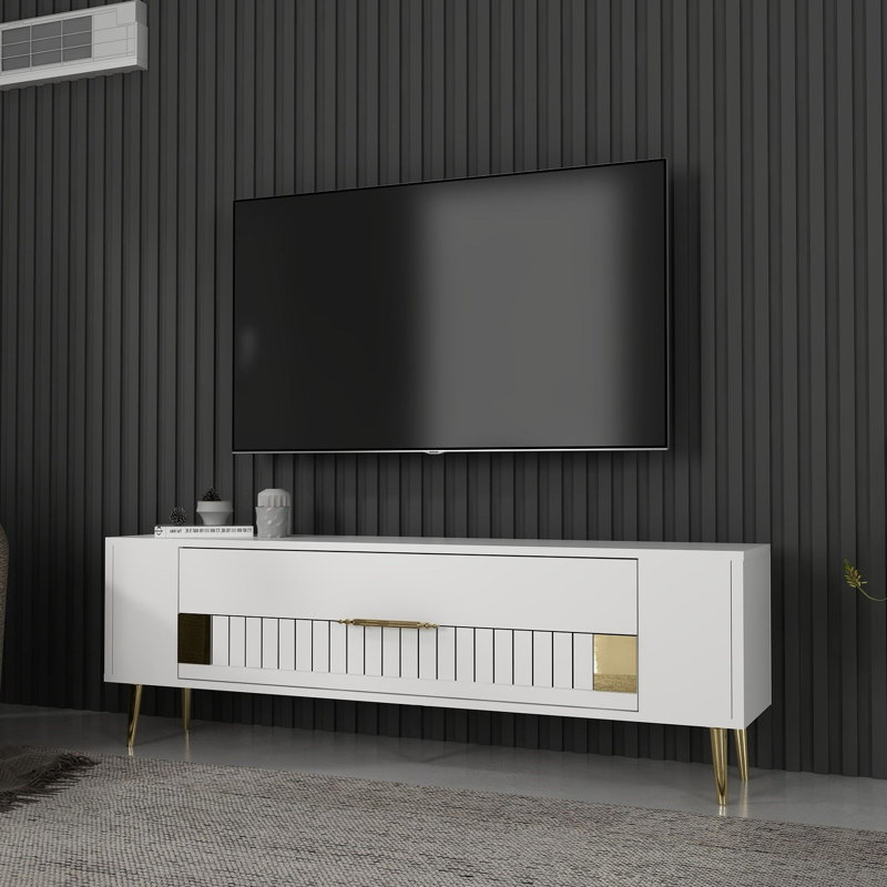 Catena Modern TV Stand with Wall-Mount Option, White & Gold, 47.2 x 19.0 x 10.4 inches | 100% Melamine Coated Particle Board, Shelf: 34.1 x 11.4 inches | Stylish Geometric Design, Perfect for Living Room & Entertainment Spaces