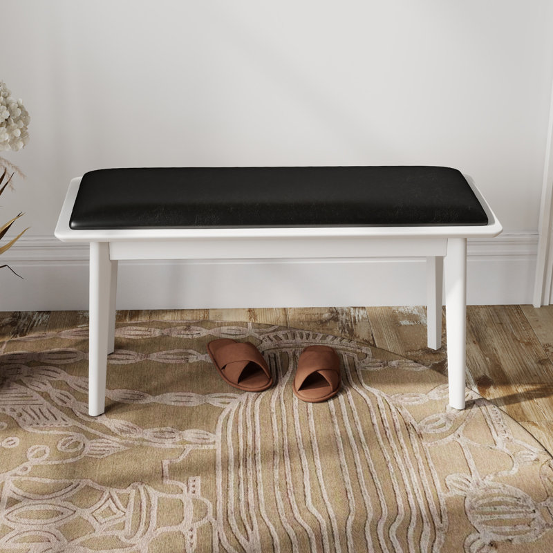 Upholstered Solid Wood Bench, 19" H x 35" W x 14" D , White, Black 