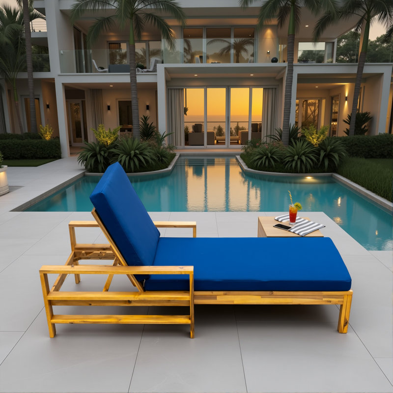 Modern Acacia Wood Outdoor Chaise Lounge With Adjustable Backrest And Deep Cushions, Patio Sunbathing Recliner Chair, Blue
