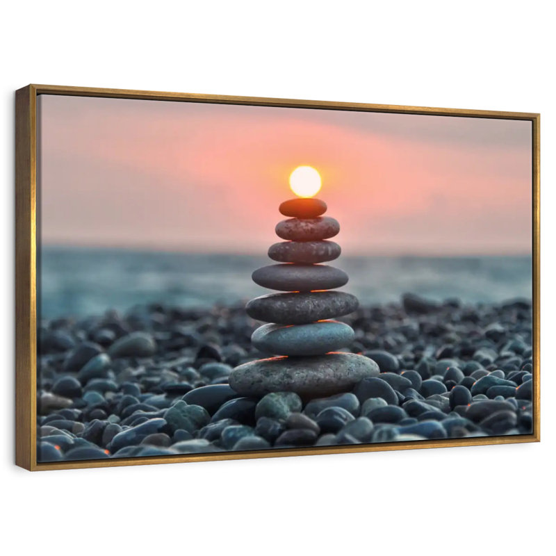Zen pile au coucher du soleil, Cadre flottant doré, 40 po x 27 po