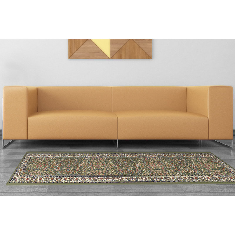 Tapis vert / ivoire Attell, Tapis de couloir 2 pi 2 po x 11 pi