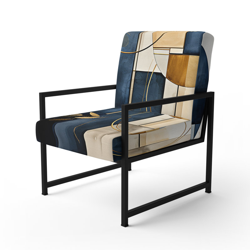 Chaise avec accoudoirs contemporaine rembourrée à motif géométrique minimaliste organique bleu I, Organic Simplicity