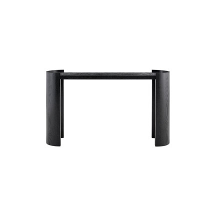 Black Curved Foyer Table with Wood Grain Finish for Minimalist Small Space Living and Sofa Side Use.
