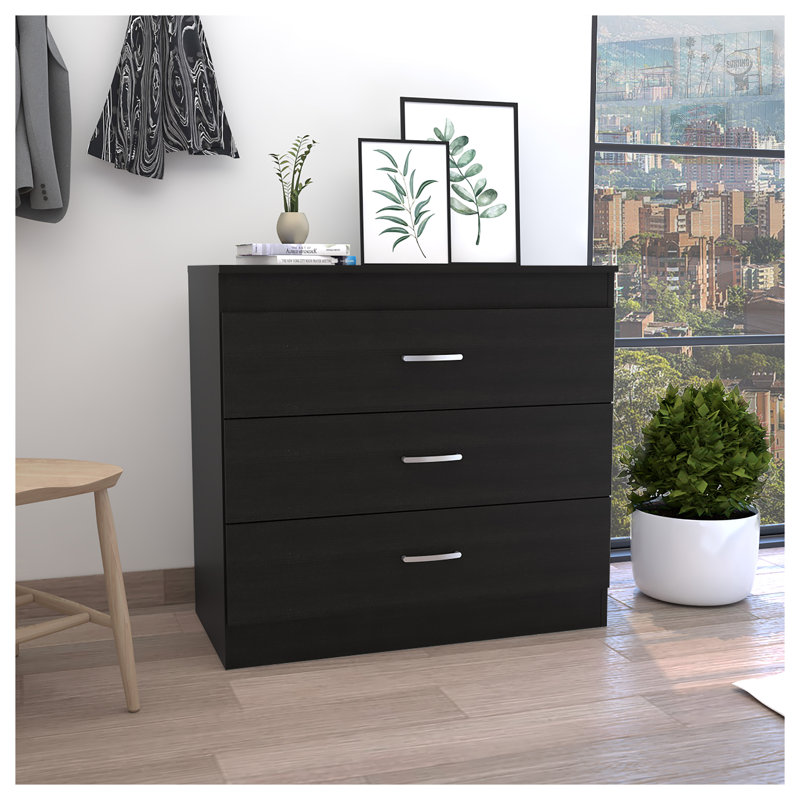Commode Lial avec finition wengé noire - Commode de rangement de chambre à coucher avec quincaillerie en métal et plateau supérieur
