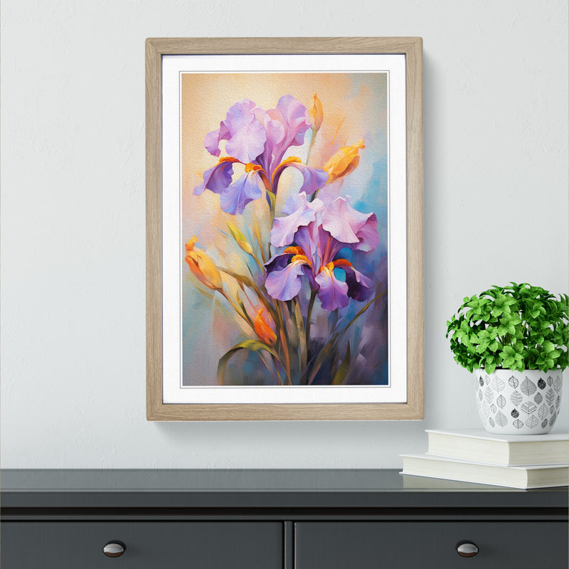 Iris Flower Impressionism - Single Picture Frame Print on Wood, 46cm H x 34cm W x 2cm D, Oak 