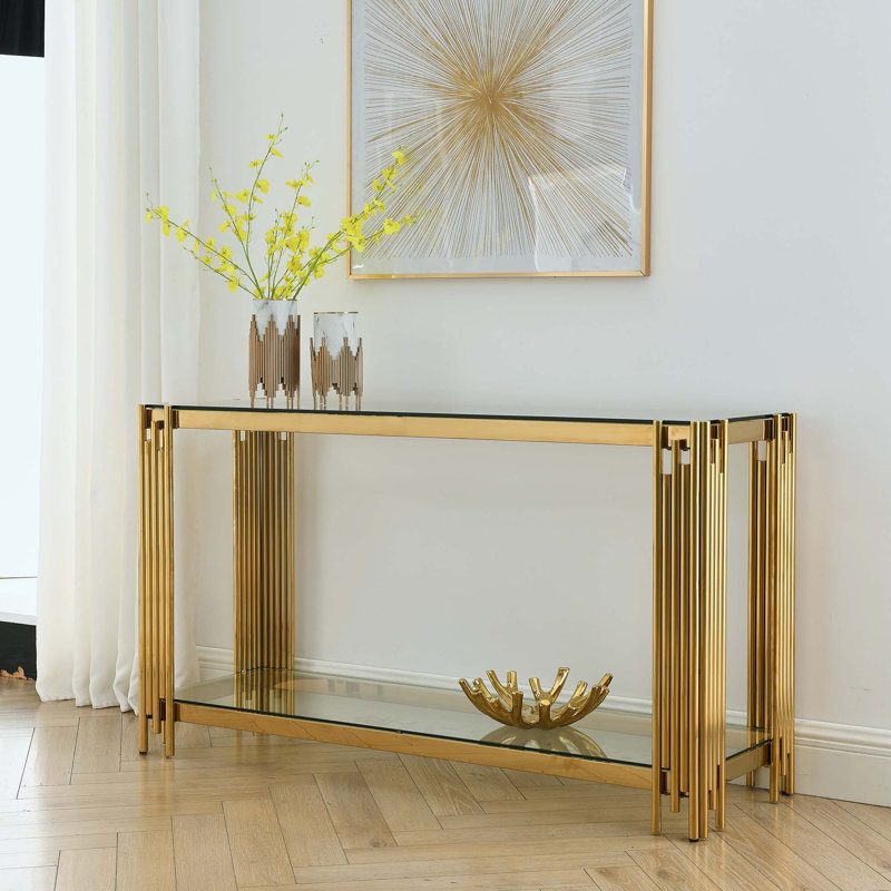 Console de rangement en bois Aaradhya avec structure en métal robuste et plateau en verre trempé, Noir / doré poli