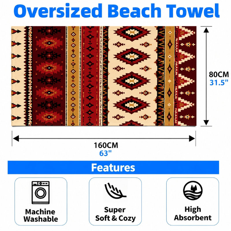 1 serviette de plage de style tribal Southwestern, motif géométrique en microfibre à séchage rapide pour piscine, voyage, camping, unisexe