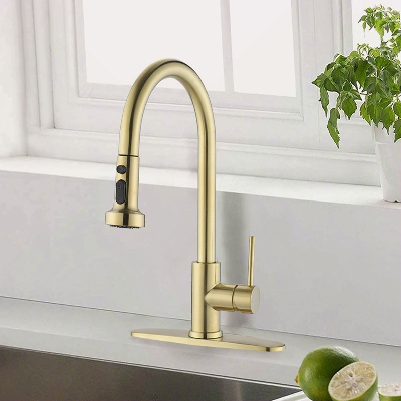 Robinet de cuisine rétractable en acier inoxydable avec distributeur de savon, Or brossé