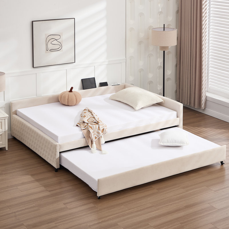 Upholstered Daybed With Trundle, Twin Size Velvet Sofa Bed With Pull Out Bed, Modern Guest Bed For Small Space, Bedroom, Living Room