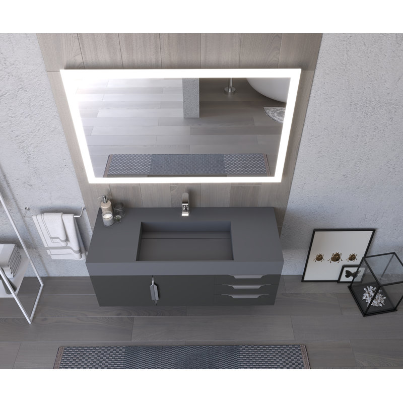 Meuble-lavabo mural simple 48 po avec comptoir à surface solide - base noire, plateau gris, poignées en nickel brossé, gris