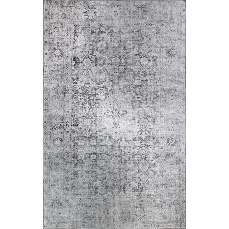 Tapis d'intérieur en polyester Huda avec envers en toile de coton, Rectangle de 5 pi 7 po x 7 pi 6 po, Gris anthracite