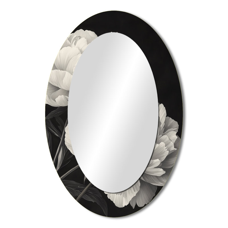 Pivoine Monocrhome avec veines foncées II - Miroir décoratif floral ovale sur métal, 36 po x 24 po