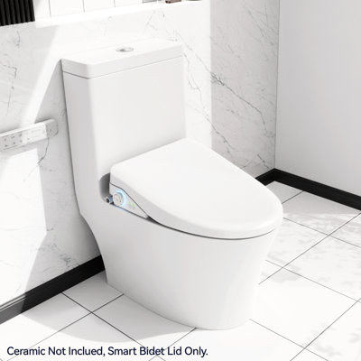 Smart Toilet Seat With Functions - Adjustable Temp, , Automatic Lid, White Heated Bidet Side Knob Controlled, Detachable Nozzle
