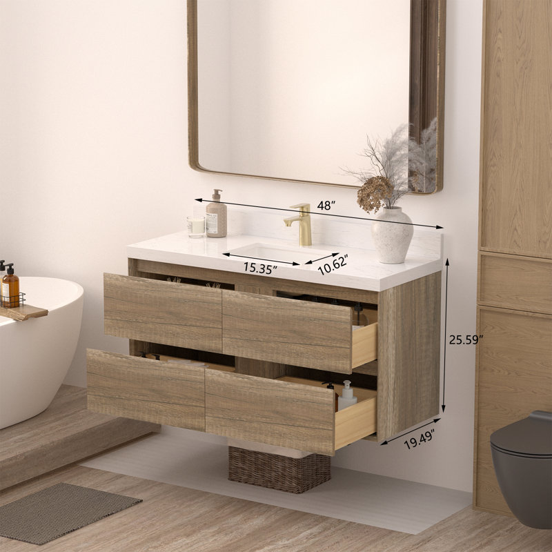 Meuble-lavabo flottant 48 po avec lavabo Tiberiu, Chêne antique