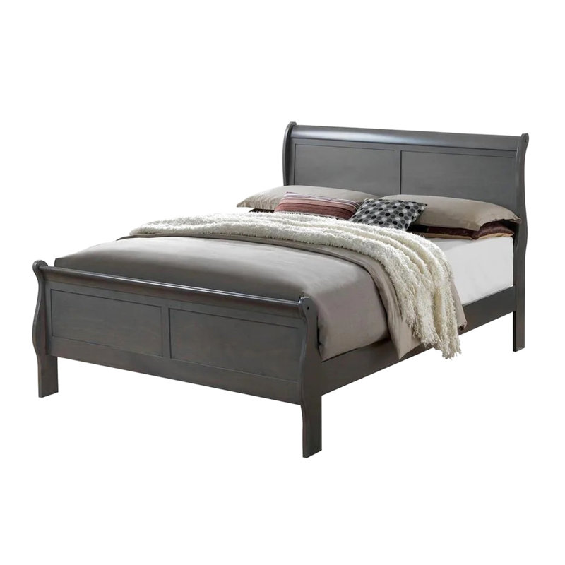 Lit double en bois massif, design, gris pour chambre à coucher, gris, marchandise