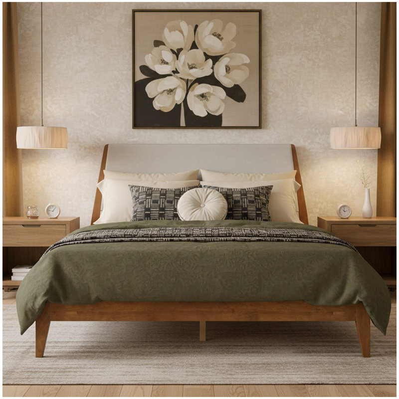 Juno Solid Wood Upholstered Headboard Bed Frame, Full