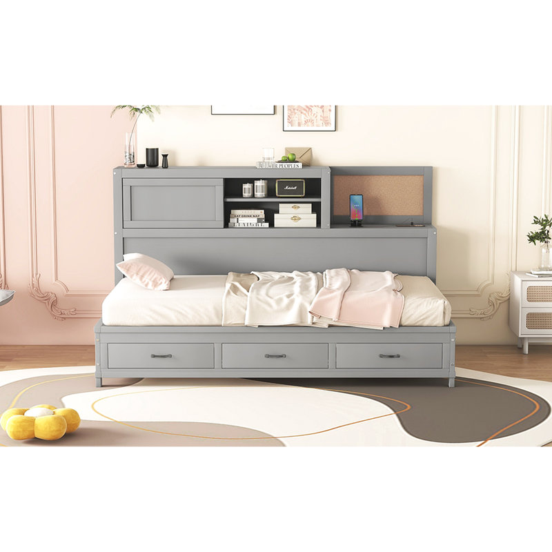 Lit de jour simple gris avec 3 tiroirs dissimulés, douilles et tablette supérieure mobile en bois, Grey