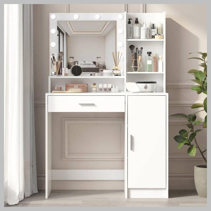 Bureau de coiffeuse avec miroir et lumière, commode de rangement à trois niveaux avec grand tiroir, 3 modes d'éclairage à luminosité réglable, coiffeuse de chambre à coucher (blanc)