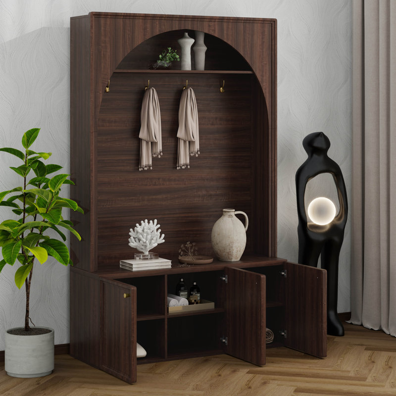 Entryway Hall Tree With Storage Bench, Adjustable Shelves, Arched Coat Rack With 4 Golden Hooks And 3 Cabinets, Walnut
