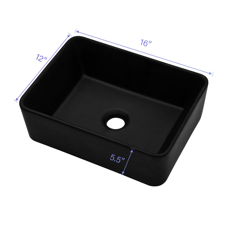 Ceramic Rectangular Vessel Bathroom Sink 16"X12" In Black. Modern Design. Excellent Quality, Low Water Absorbency. Stain Surface. Above Counter Mounting. 1 3/4" Center Drain Hole. 16X12 Inch Classic